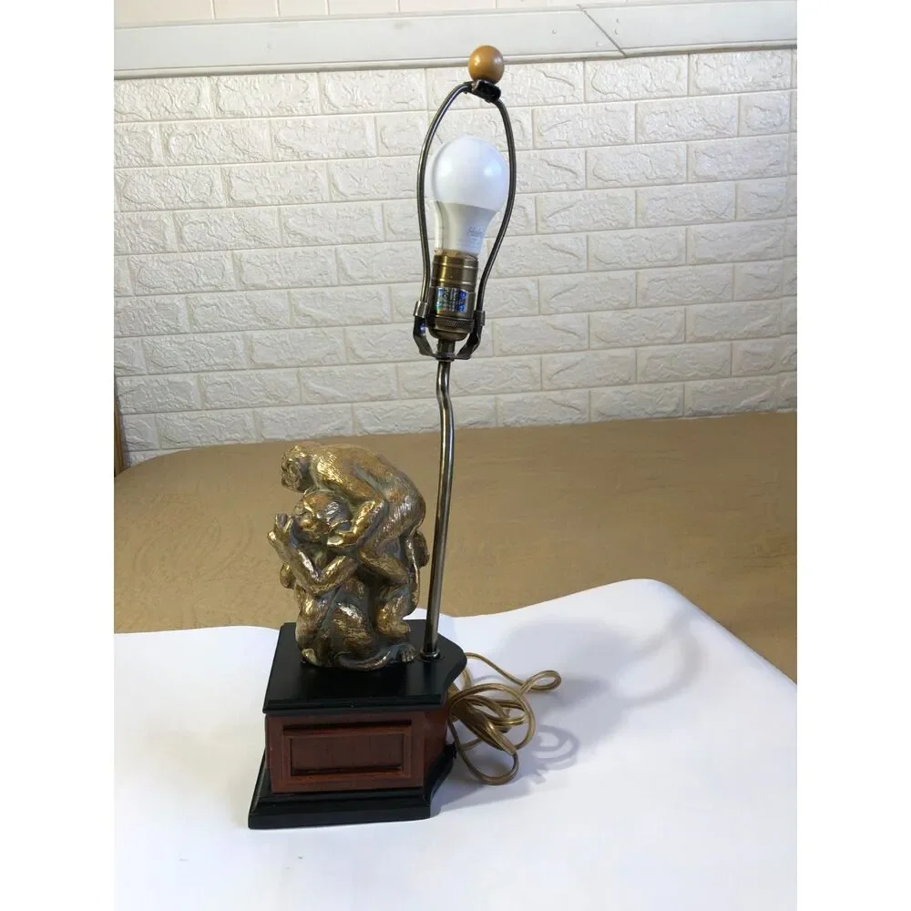 Vintage Bombay Co Three Wise Monkeys Brass Table Lamp See Hear Speak No Evil